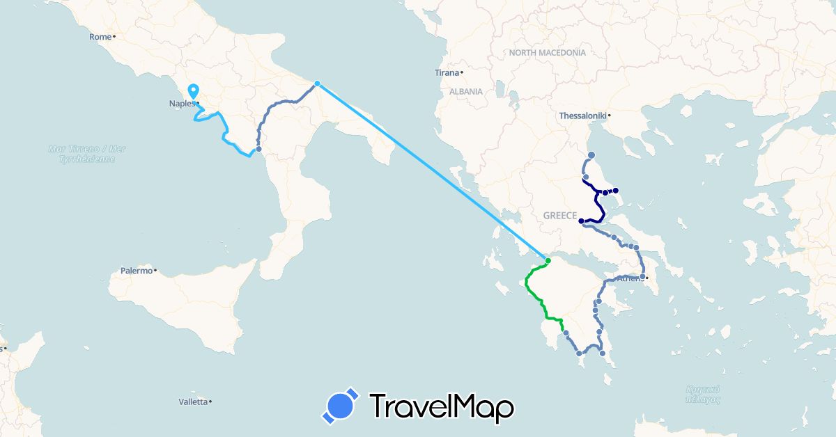 TravelMap itinerary: driving, bus, cycling, train, boat in Greece, Italy (Europe)